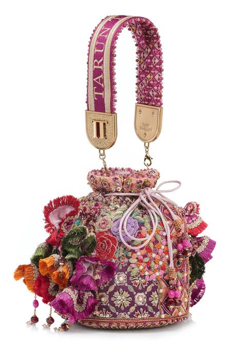 Tarun Tahiliani_Multi Color Embroidery, Stones, Beads, Tassels Kashida Potli Bag _at_Aza_Fashions