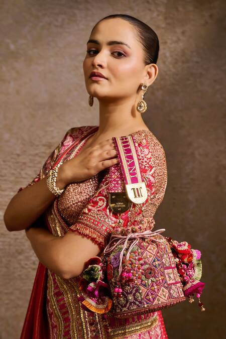 Buy_Tarun Tahiliani_Multi Color Embroidery, Stones, Beads, Tassels Kashida Potli Bag 