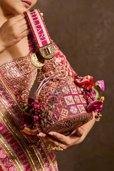 Shop_Tarun Tahiliani_Multi Color Embroidery, Stones, Beads, Tassels Kashida Potli Bag 
