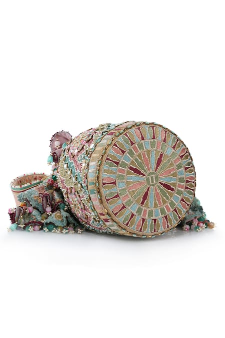 Tarun Tahiliani_Multi Color Embroidery, Beads, Stones, Tassels Mosaic Inspired Potli Bag _Online_at_Aza_Fashions