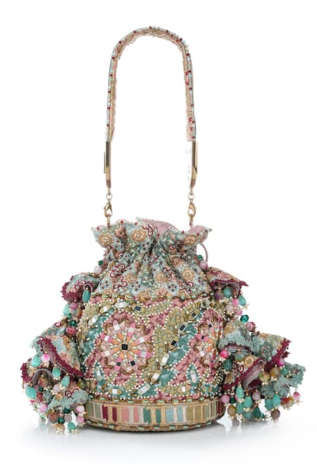 Shop_Tarun Tahiliani_Multi Color Embroidery, Beads, Stones, Tassels Mosaic Inspired Potli Bag _Online_at_Aza_Fashions