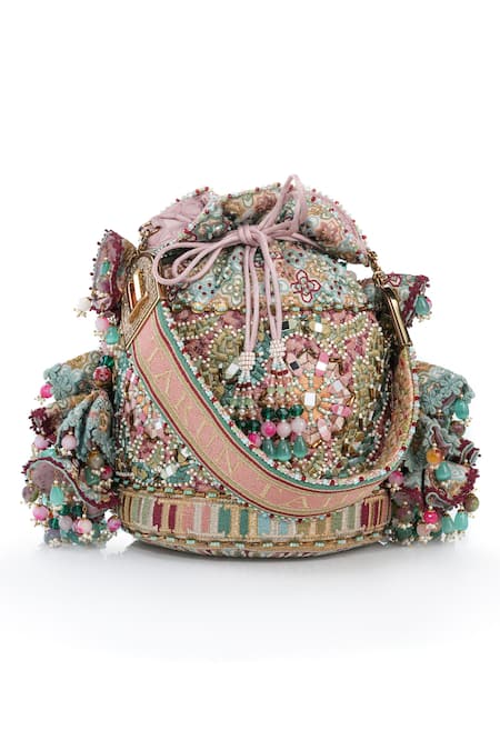 Buy_Tarun Tahiliani_Multi Color Embroidery, Beads, Stones, Tassels Mosaic Inspired Potli Bag 