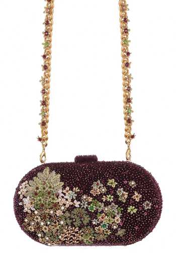 Tarun Tahiliani_Wine Embroidery, Pearls, Beads, Stones Garden Inspired Clutch _at_Aza_Fashions