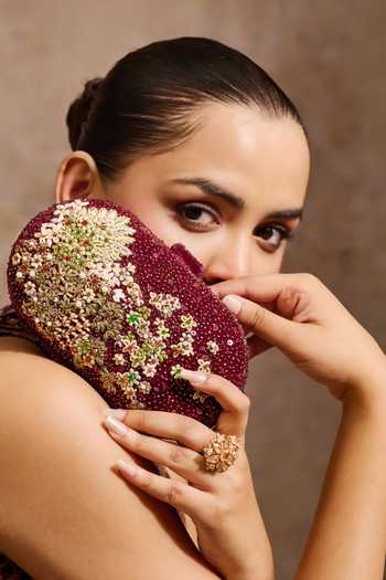 Buy_Tarun Tahiliani_Wine Embroidery, Pearls, Beads, Stones Garden Inspired Clutch 