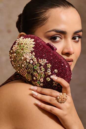 Shop_Tarun Tahiliani_Wine Embroidery, Pearls, Beads, Stones Garden Inspired Clutch 
