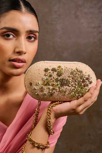Shop_Tarun Tahiliani_Ivory Embroidery, Pearls, Beads, Stones, Fabric Flowers Garden Inspired Clutch _Online_at_Aza_Fashions