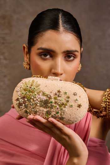 Tarun Tahiliani_Ivory Embroidery, Pearls, Beads, Stones, Fabric Flowers Garden Inspired Clutch _at_Aza_Fashions