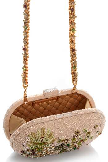 Shop_Tarun Tahiliani_Ivory Embroidery, Pearls, Beads, Stones, Fabric Flowers Garden Inspired Clutch 