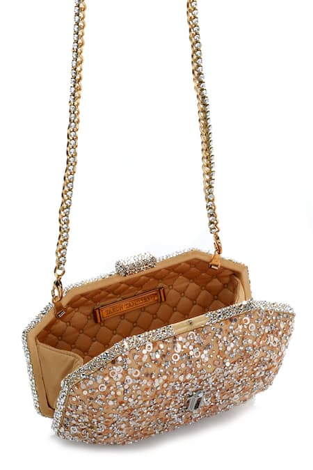 Tarun Tahiliani Gold Sequins, Stones, Crystals Embroidered Octagonal Clutch Online at Aza Fashions Tarun Tahiliani_Gold Sequins, Stones, Crystals Embroidered Octagonal Clutch _Online_at_Aza_Fashions