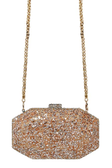 Shop Tarun Tahiliani Gold Sequins, Stones, Crystals Embroidered Octagonal Clutch Online at Aza Fashions Shop_Tarun Tahiliani_Gold Sequins, Stones, Crystals Embroidered Octagonal Clutch _Online_at_Aza_Fashions