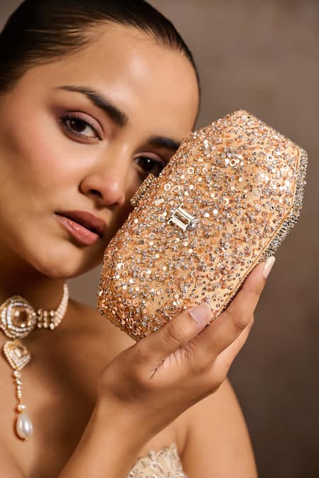 Tarun Tahiliani Gold Sequins, Stones, Crystals Embroidered Octagonal Clutch at Aza Fashions Tarun Tahiliani_Gold Sequins, Stones, Crystals Embroidered Octagonal Clutch _at_Aza_Fashions