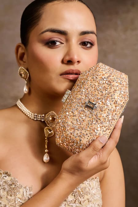 Buy Tarun Tahiliani Gold Sequins, Stones, Crystals Embroidered Octagonal Clutch Buy_Tarun Tahiliani_Gold Sequins, Stones, Crystals Embroidered Octagonal Clutch