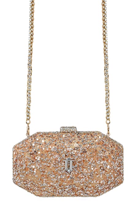 Shop Tarun Tahiliani Gold Sequins, Stones, Crystals Embroidered Octagonal Clutch Shop_Tarun Tahiliani_Gold Sequins, Stones, Crystals Embroidered Octagonal Clutch