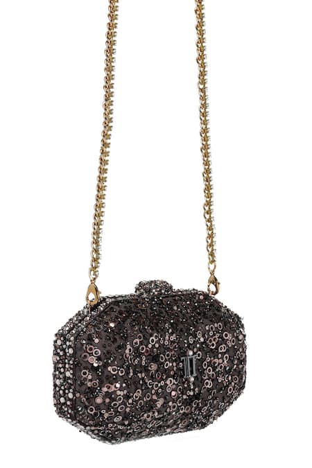 Tarun Tahiliani_Chocolate Sequins, Crystals, Stones, Chains Embroidered Octagonal Clutch _Online_at_Aza_Fashions