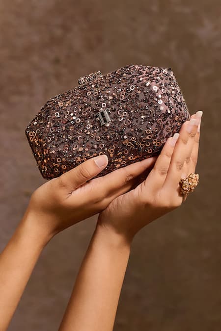 Shop_Tarun Tahiliani_Chocolate Sequins, Crystals, Stones, Chains Embroidered Octagonal Clutch _Online_at_Aza_Fashions