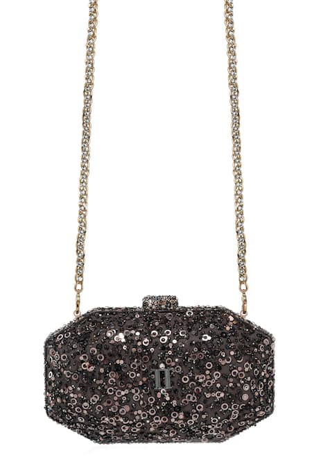 Buy_Tarun Tahiliani_Chocolate Sequins, Crystals, Stones, Chains Embroidered Octagonal Clutch 