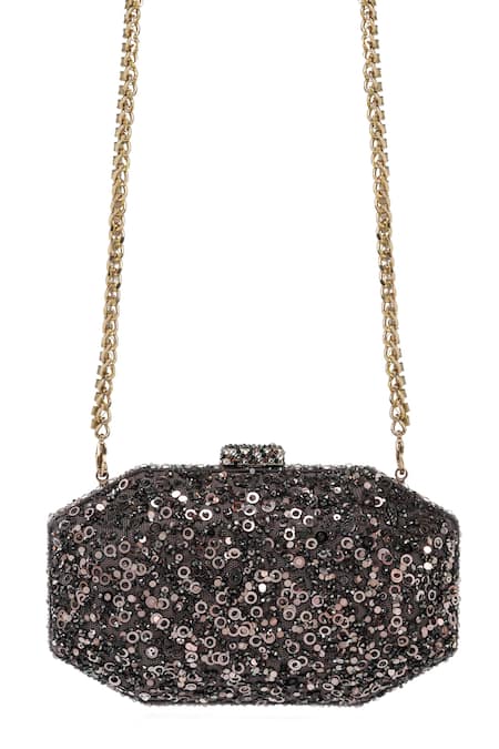 Shop_Tarun Tahiliani_Chocolate Sequins, Crystals, Stones, Chains Embroidered Octagonal Clutch 