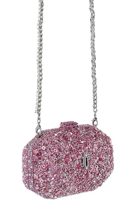 Tarun Tahiliani_Blush Sequins, Stones, Chains Embroidered Octagonal Clutch _Online_at_Aza_Fashions