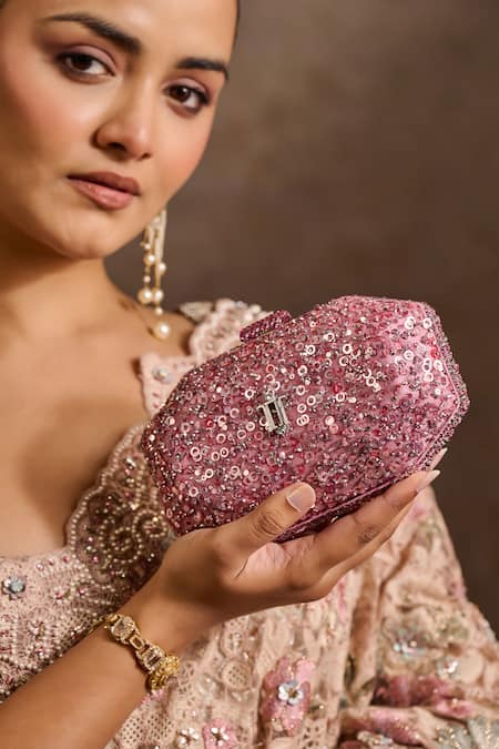 Buy_Tarun Tahiliani_Blush Sequins, Stones, Chains Embroidered Octagonal Clutch _Online_at_Aza_Fashions