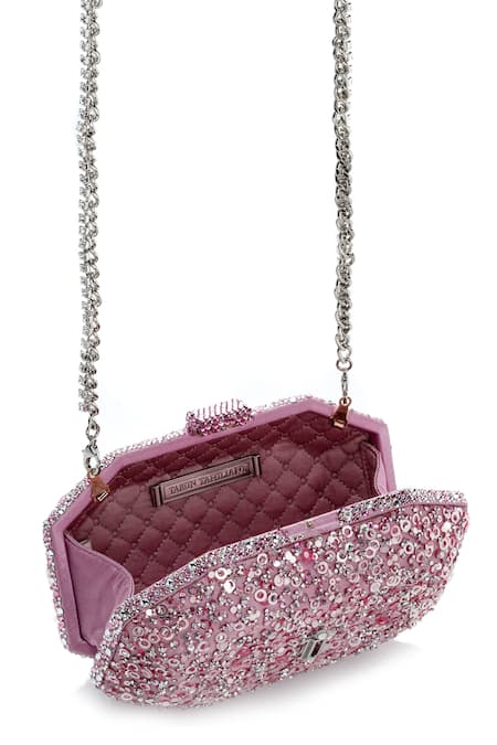 Shop_Tarun Tahiliani_Blush Sequins, Stones, Chains Embroidered Octagonal Clutch _Online_at_Aza_Fashions