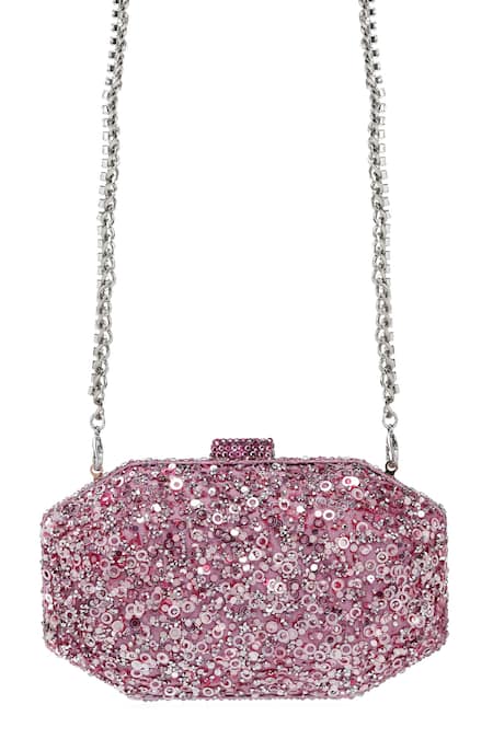 Tarun Tahiliani_Blush Sequins, Stones, Chains Embroidered Octagonal Clutch _at_Aza_Fashions
