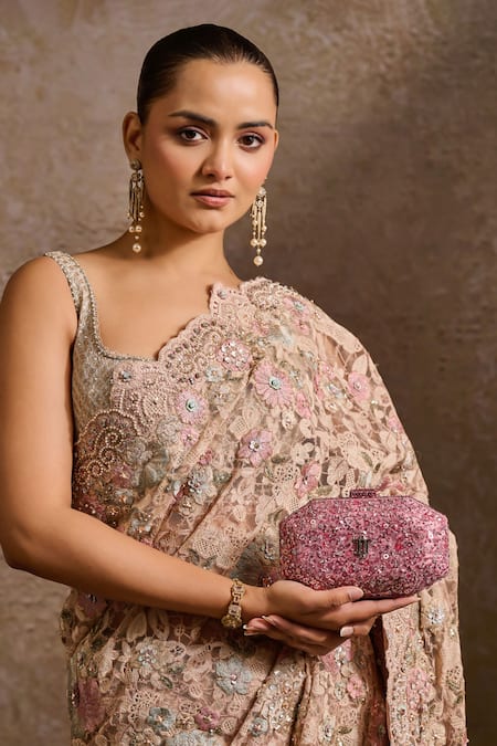 Shop_Tarun Tahiliani_Blush Sequins, Stones, Chains Embroidered Octagonal Clutch 