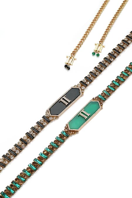 Tarun Tahiliani_Emerald Green Crystals, Brooches, Stones Jewelled Belt _Online_at_Aza_Fashions