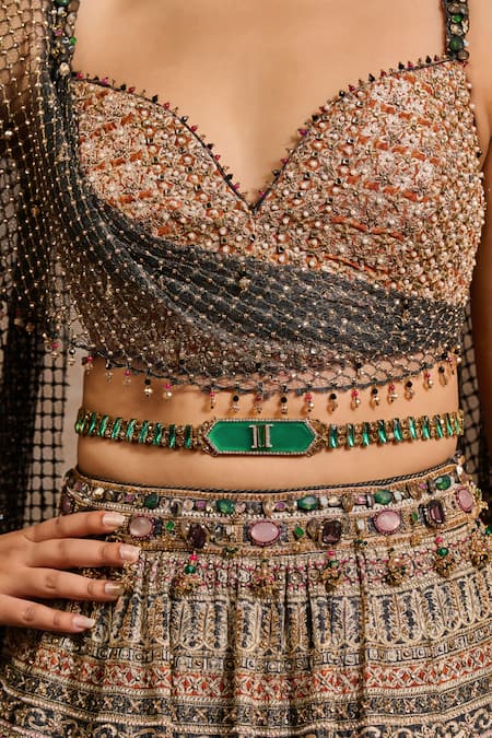 Tarun Tahiliani Emerald Green Crystals, Brooches, Stones Jewelled Belt at Aza Fashions Tarun Tahiliani_Emerald Green Crystals, Brooches, Stones Jewelled Belt _at_Aza_Fashions