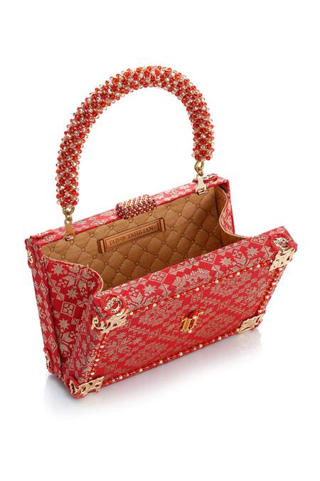 Tarun Tahiliani Red Beads, Stones, Tassels Beaded Handle Brocade Clutch Bag Online at Aza Fashions Tarun Tahiliani_Red Beads, Stones, Tassels Beaded Handle Brocade Clutch Bag _Online_at_Aza_Fashions