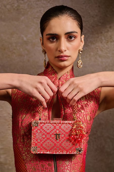 Tarun Tahiliani Beaded Handle Brocade Clutch Bag 