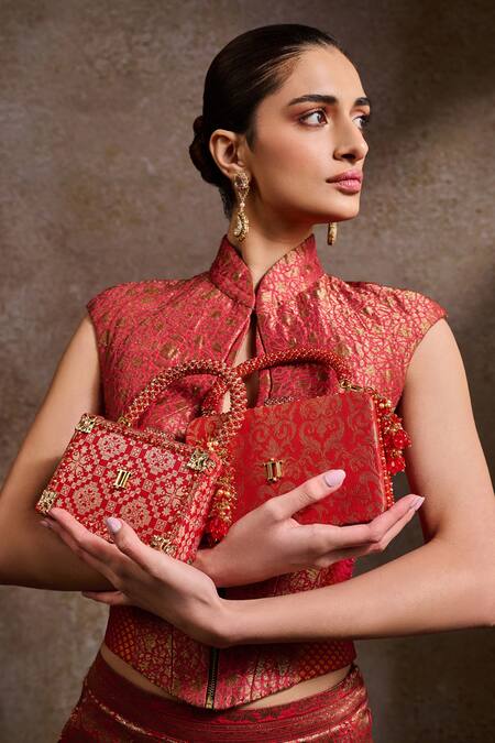 Shop Tarun Tahiliani Red Beads, Stones, Tassels Beaded Handle Brocade Clutch Bag Online at Aza Fashions Shop_Tarun Tahiliani_Red Beads, Stones, Tassels Beaded Handle Brocade Clutch Bag _Online_at_Aza_Fashions