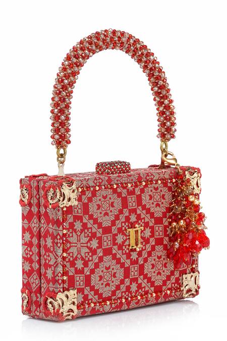 Tarun Tahiliani Red Beads, Stones, Tassels Beaded Handle Brocade Clutch Bag at Aza Fashions Tarun Tahiliani_Red Beads, Stones, Tassels Beaded Handle Brocade Clutch Bag _at_Aza_Fashions