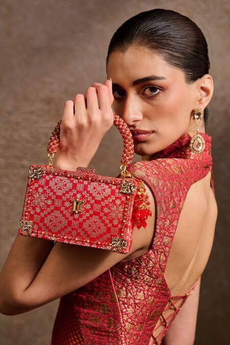 Buy Tarun Tahiliani Red Beads, Stones, Tassels Beaded Handle Brocade Clutch Bag Buy_Tarun Tahiliani_Red Beads, Stones, Tassels Beaded Handle Brocade Clutch Bag