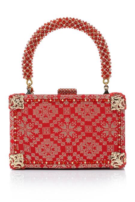 Shop Tarun Tahiliani Red Beads, Stones, Tassels Beaded Handle Brocade Clutch Bag Shop_Tarun Tahiliani_Red Beads, Stones, Tassels Beaded Handle Brocade Clutch Bag