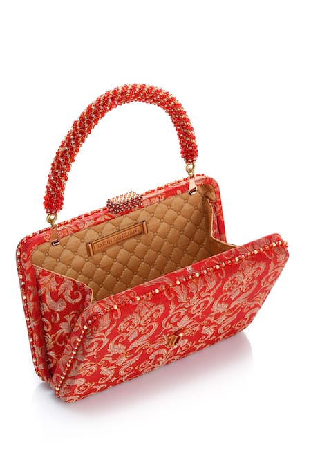 Tarun Tahiliani Red Beads, Stones, Tassels Beaded Handle Brocade Clutch Bag Online at Aza Fashions Tarun Tahiliani_Red Beads, Stones, Tassels Beaded Handle Brocade Clutch Bag _Online_at_Aza_Fashions