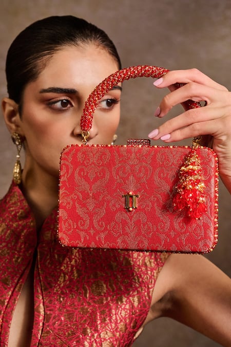 Tarun Tahiliani Beaded Handle Brocade Clutch Bag 