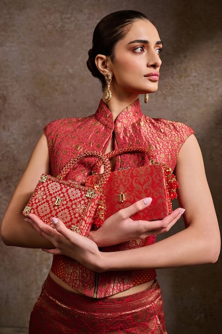 Buy Tarun Tahiliani Red Beads, Stones, Tassels Beaded Handle Brocade Clutch Bag Online at Aza Fashions Buy_Tarun Tahiliani_Red Beads, Stones, Tassels Beaded Handle Brocade Clutch Bag _Online_at_Aza_Fashions