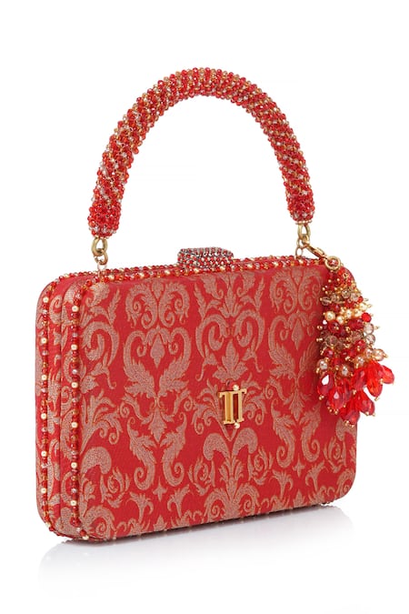 Shop Tarun Tahiliani Red Beads, Stones, Tassels Beaded Handle Brocade Clutch Bag Online at Aza Fashions Shop_Tarun Tahiliani_Red Beads, Stones, Tassels Beaded Handle Brocade Clutch Bag _Online_at_Aza_Fashions