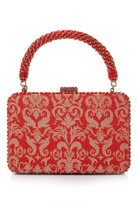 Tarun Tahiliani Red Beads, Stones, Tassels Beaded Handle Brocade Clutch Bag at Aza Fashions Tarun Tahiliani_Red Beads, Stones, Tassels Beaded Handle Brocade Clutch Bag _at_Aza_Fashions