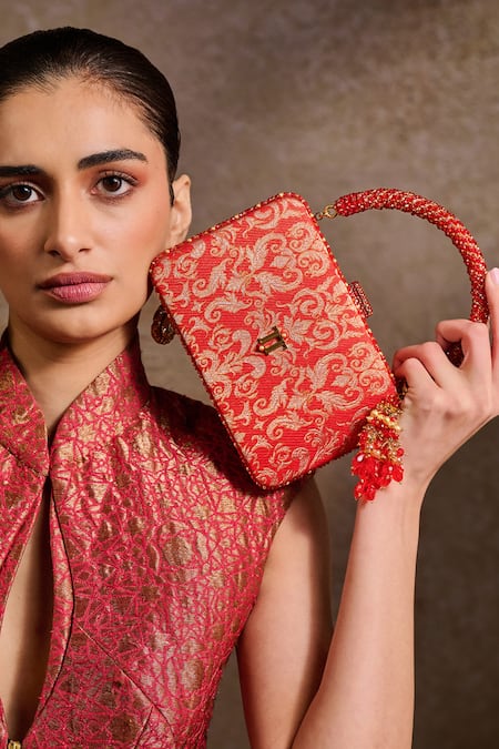 Buy Tarun Tahiliani Red Beads, Stones, Tassels Beaded Handle Brocade Clutch Bag Buy_Tarun Tahiliani_Red Beads, Stones, Tassels Beaded Handle Brocade Clutch Bag
