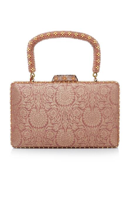 Tarun Tahiliani Pink Beads, Stones, Tassels Beaded Handle Floral Brocade Clutch Bag Online at Aza Fashions Tarun Tahiliani_Pink Beads, Stones, Tassels Beaded Handle Floral Brocade Clutch Bag _Online_at_Aza_Fashions