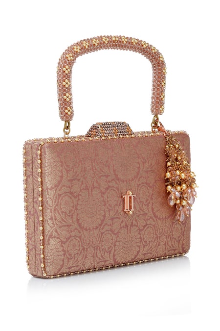 Shop Tarun Tahiliani Pink Beads, Stones, Tassels Beaded Handle Floral Brocade Clutch Bag Online at Aza Fashions Shop_Tarun Tahiliani_Pink Beads, Stones, Tassels Beaded Handle Floral Brocade Clutch Bag _Online_at_Aza_Fashions