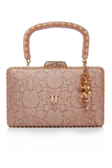 Tarun Tahiliani Beaded Handle Floral Brocade Clutch Bag 