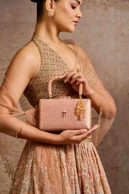 Shop Tarun Tahiliani Pink Beads, Stones, Tassels Beaded Handle Floral Brocade Clutch Bag Shop_Tarun Tahiliani_Pink Beads, Stones, Tassels Beaded Handle Floral Brocade Clutch Bag