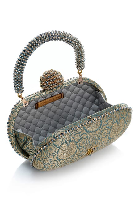 Tarun Tahiliani Green Beads, Stones, Tassels Embellished Brocade Clutch Bag Online at Aza Fashions Tarun Tahiliani_Green Beads, Stones, Tassels Embellished Brocade Clutch Bag _Online_at_Aza_Fashions