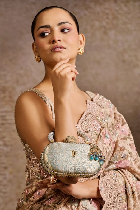 Buy Tarun Tahiliani Green Beads, Stones, Tassels Embellished Brocade Clutch Bag Online at Aza Fashions Buy_Tarun Tahiliani_Green Beads, Stones, Tassels Embellished Brocade Clutch Bag _Online_at_Aza_Fashions