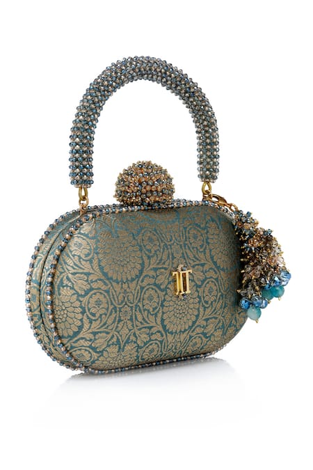 Shop Tarun Tahiliani Green Beads, Stones, Tassels Embellished Brocade Clutch Bag Online at Aza Fashions Shop_Tarun Tahiliani_Green Beads, Stones, Tassels Embellished Brocade Clutch Bag _Online_at_Aza_Fashions