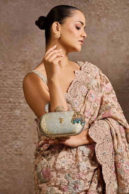 Tarun Tahiliani Green Beads, Stones, Tassels Embellished Brocade Clutch Bag at Aza Fashions Tarun Tahiliani_Green Beads, Stones, Tassels Embellished Brocade Clutch Bag _at_Aza_Fashions