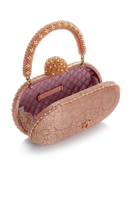 Tarun Tahiliani_Pink Beads, Stones, Tassels Embellished Floral Brocade Clutch Bag _Online_at_Aza_Fashions