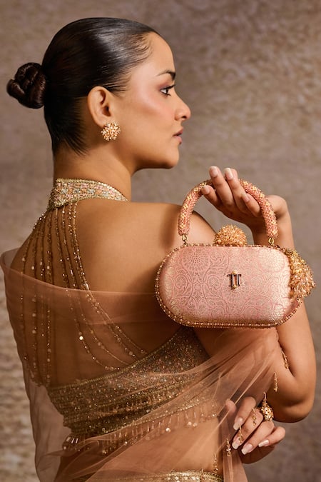 Buy_Tarun Tahiliani_Pink Beads, Stones, Tassels Embellished Floral Brocade Clutch Bag _Online_at_Aza_Fashions